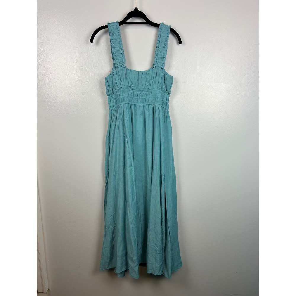 August Sky Maxi Dress Small Smocked Bodice Square Neck Milkmaid Teal Blue - Picture 5 of 9